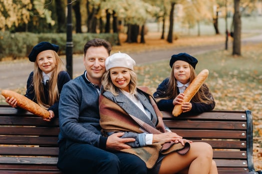 A large family is sitting on a bench in an autumn park. Happy people in the autumn park photo