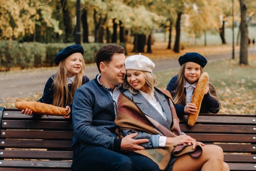 A large family is sitting on a bench in an autumn park. Happy people in the autumn park photo