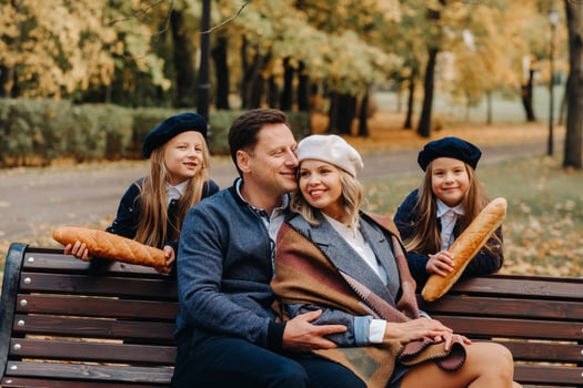 A large family is sitting on a bench in an autumn park. Happy people in the autumn park photo