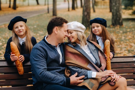 A large family is sitting on a bench in an autumn park. Happy people in the autumn park photo