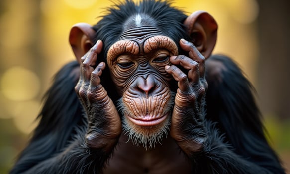 Close up portrait of chimpanzee eyes closed hands photo