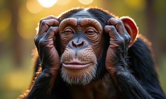 Close up portrait of chimpanzee eyes closed hands photo