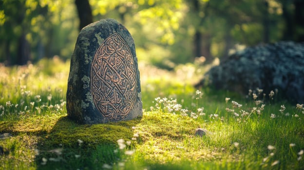 Celtic Stone Carving in a Peaceful Garden Setting photo