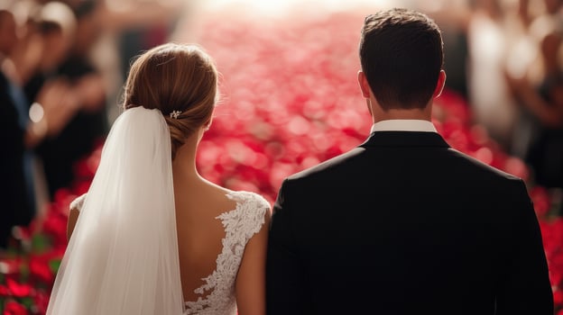couple stands together at their wedding, surrounded by rose petaled aisle, radiating love and joy. atmosphere is filled with celebration and happiness photo