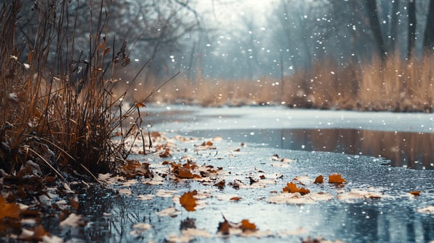 A snowy landscape with a river and leaves on the ground photo