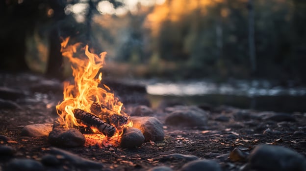 A fire is burning in a pile of wood on a rocky beach photo