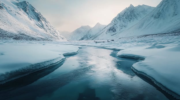 A river with a blue color and mountains in the background photo