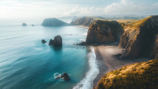 A beautiful beach with a rocky shoreline and a rocky cliff in the background photo