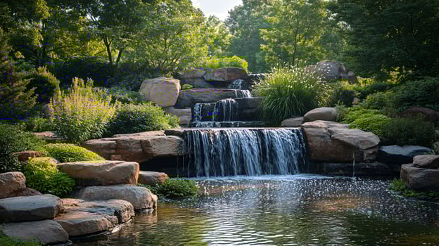 A beautiful waterfall is surrounded by rocks and plants photo