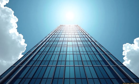 Modern glass skyscraper upward perspective reflective windows blue photo