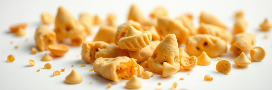 Snack pieces scattered across a white surface showcasing variety and texture of crunchy treats photo