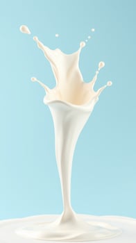 Milk splashes elegantly upwards against a soft blue background, showcasing smooth creamy texture and dynamic motion photo