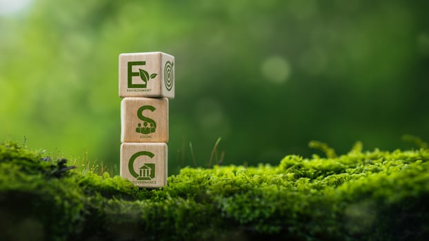 ESG concept for environmental, social, and governance in sustainable. Sustainable Environmental Organization Development of the World, ESG word on green background wooden blocks photo
