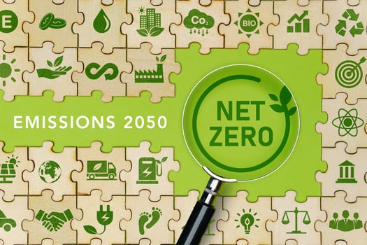 net zero and carbon neutral The green net zero icon on the Jigsaw and the net zero symbol on the magnifying glass. Ideas for a net-zero greenhouse gas emissions target Long term photo