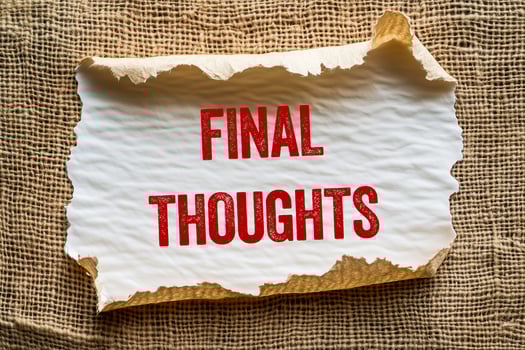 Final thoughts message written on ripped torn paper piece. Conceptual final thoughts symbol. photo