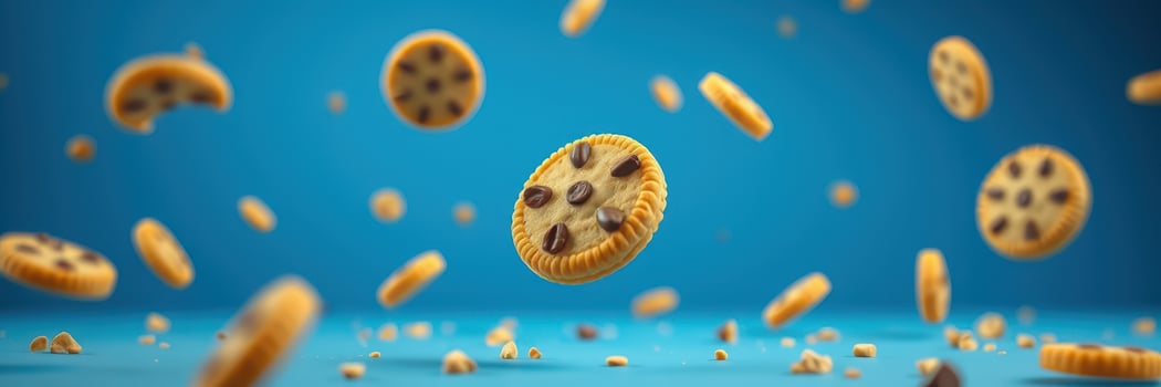 Cookies float in mid-air against a bright blue background creating a whimsical dessert atmosphere photo