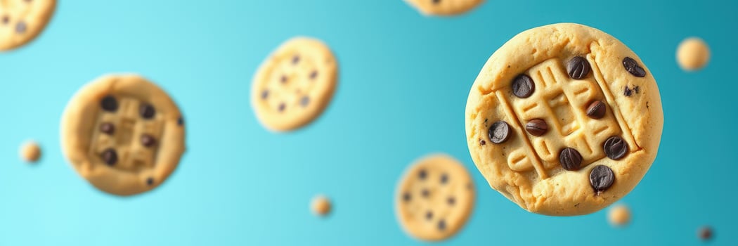 Cookies floating against a bright blue background create a whimsical and playful dessert scene photo