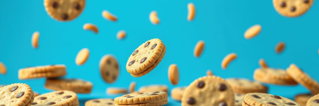 Cookies floating in mid-air against a vibrant blue background create a whimsical dessert display photo