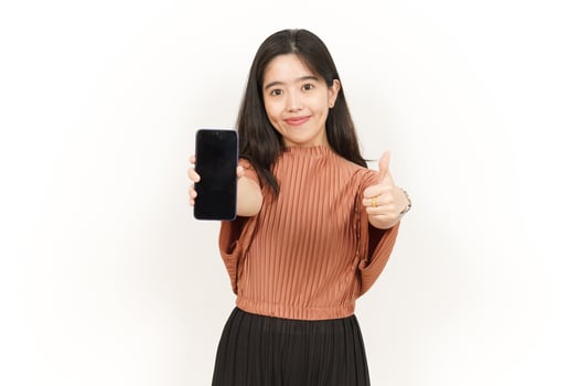 Showing Apps On Blank Screen Smartphone Of Beautiful Asian Woman Isolated On White Background photo