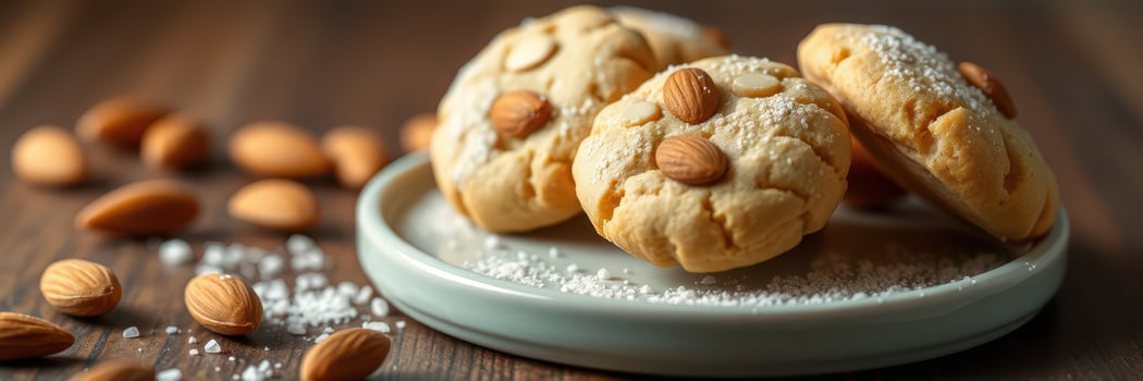 Cookies with almonds on a plate surrounded by scattered almonds and sugar in a cozy setting photo