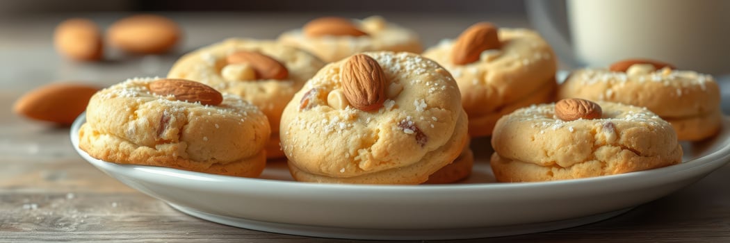 Delicious almond cookies on a plate with a cup of milk in a cozy kitchen setting during afternoon photo