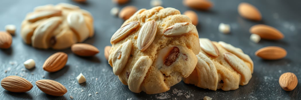 Delicious almond cookies arranged beautifully on a dark surface with scattered almonds and sugar crystals photo