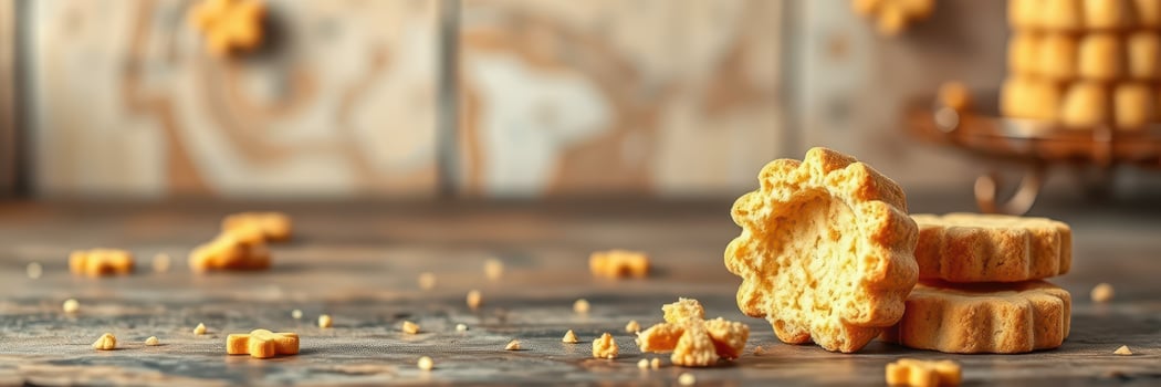 Freshly baked cookies arranged on a rustic wooden table with crumbs scattered around in a cozy kitchen setting photo