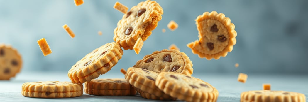 Delicious cookies being scattered in the air with chocolate chips falling from a blue background photo