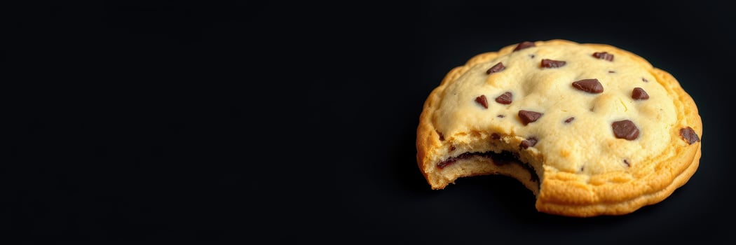 Warm chocolate chip cookie with a bite taken out against a dark background photo