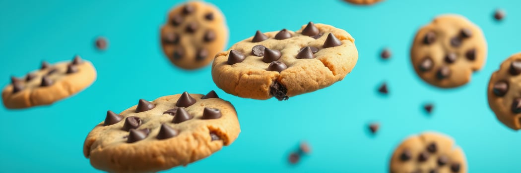 Flying chocolate chip cookies against a vibrant blue background create a whimsical dessert display photo