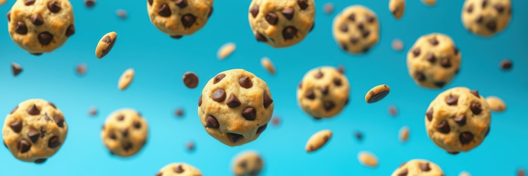 Chocolate chip cookies floating in mid-air against a vibrant blue background creates a whimsical atmosphere photo