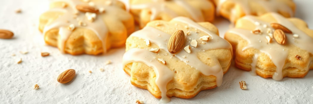 Sweet homemade cookies topped with icing and almonds on a light background photo