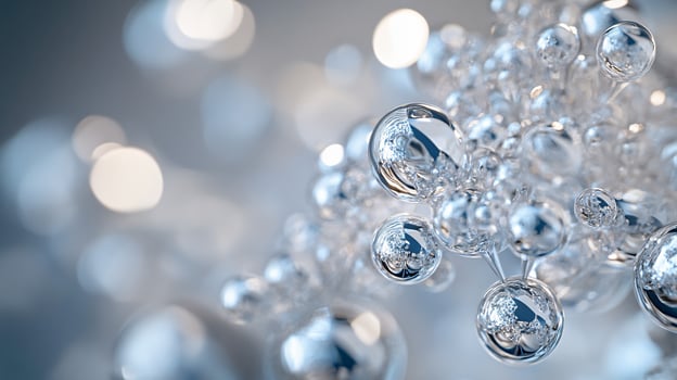 Cluster of shiny, metallic spheres that appear to be floating in mid-air. The spheres are arranged in a way that creates a sense of movement and energy photo