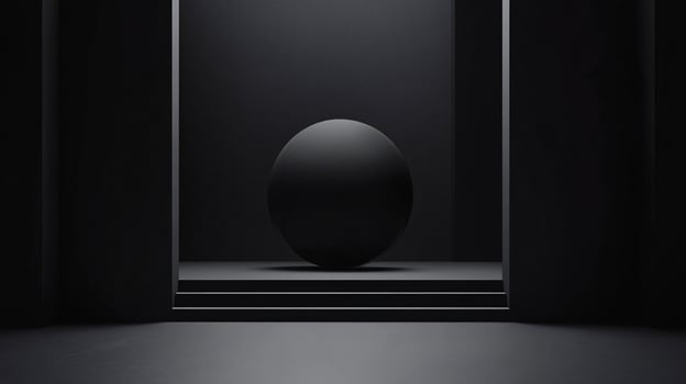 Black sphere is in the center of a dark room. The room is empty and the sphere is the only object in the scene photo