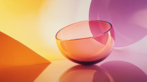 Glass bowl is sitting on a table with a colorful background. The bowl is half full and has a reflective surface. The colors of the bowl and the background create a sense of depth and dimension photo