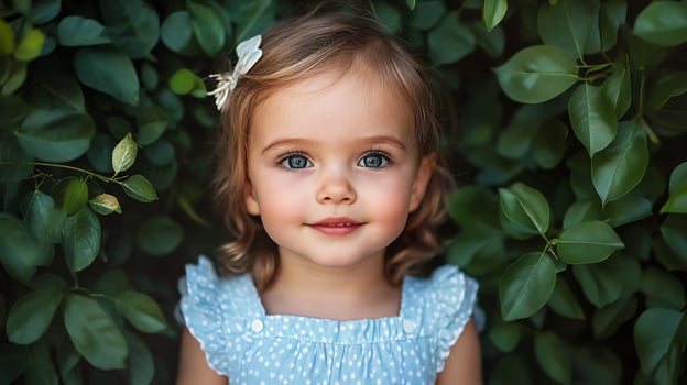 Young girl is standing in a green bush with a blue dress on. She has a bow in her hair and is smiling photo