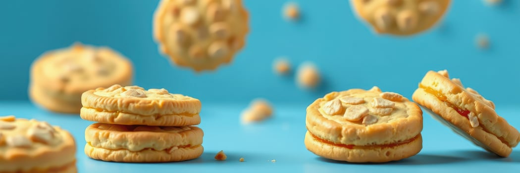 Delicious cookies floating above a vibrant blue background create an appealing dessert display photo