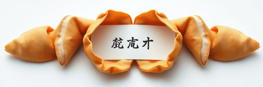 Unique decorative arrangement featuring a fortune cookie with elegant design and handwritten message placed on a plain background photo
