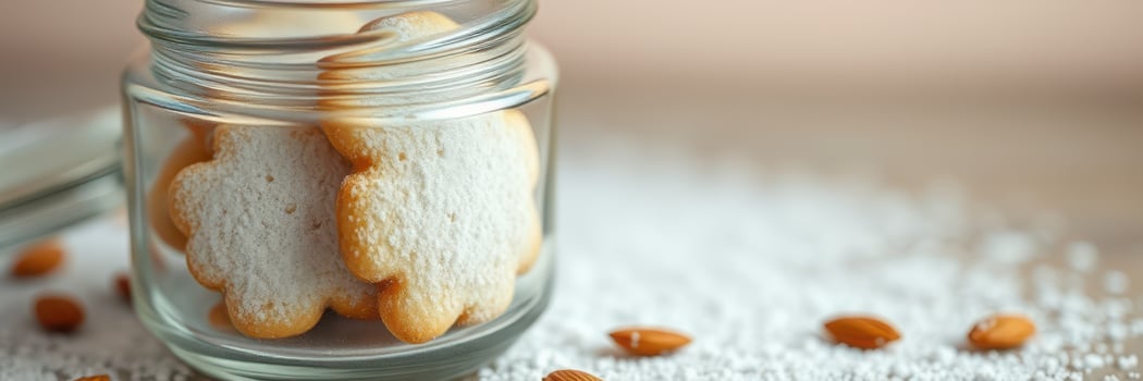 Delicious almond cookies in a glass jar surrounded by powdered sugar on a wooden surface photo