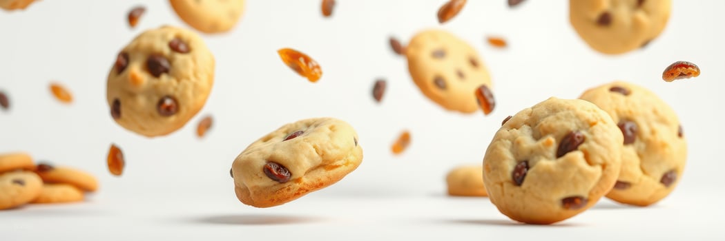 Freshly baked chocolate chip cookies falling in mid-air in a bright kitchen environment photo