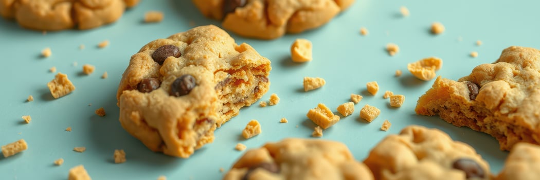 Homemade cookies with chocolate chips and crumbs on a light blue surface showcasing delicious textures and flavors photo