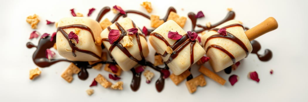 Delicious ice cream skewers topped with chocolate sauce and rose petals on a white plate photo