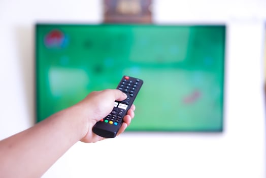 A hand holding a remote control aimed at a television photo