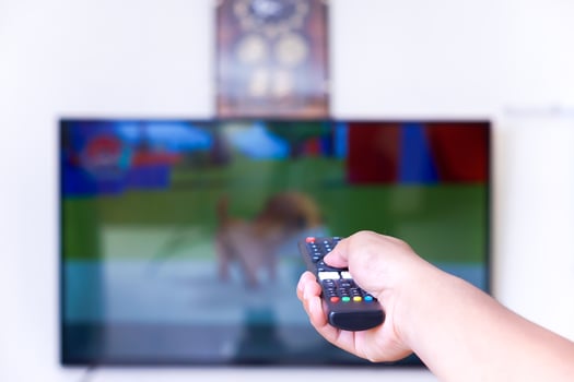 A hand holding a remote control aimed at a television photo