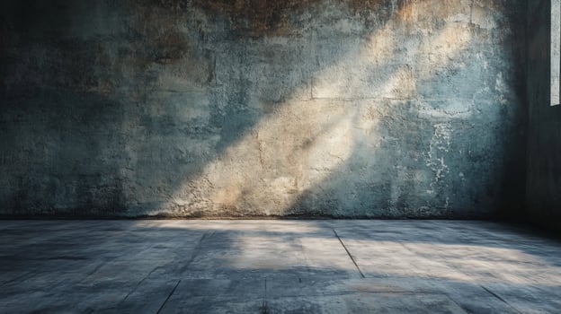 Large empty room with a wall that is covered in cracks and has a grey color. The room is very bare and empty photo