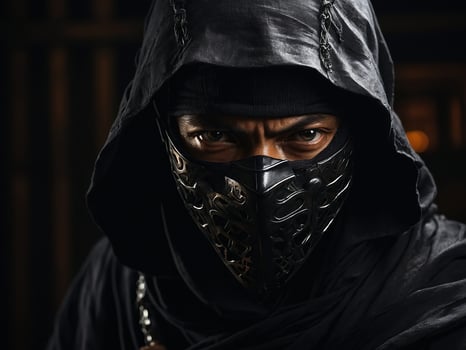 Mysterious warrior in dark attire preparing for battle in an ancient setting under soft lighting photo