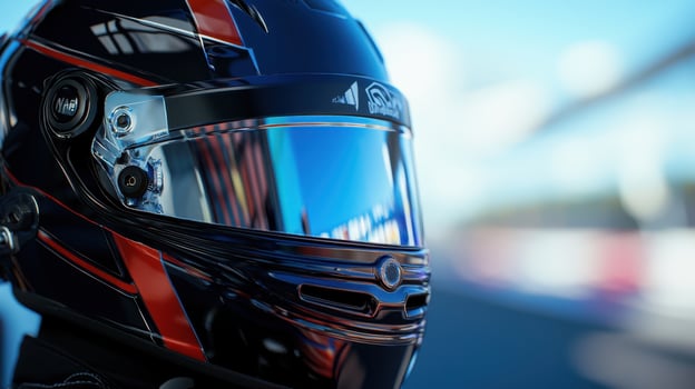 A close up of a helmet with a racing car photo