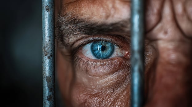 A man's eye is seen through bars of a jail cell photo