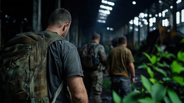 A group of soldiers walking through an abandoned building photo