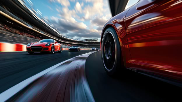 Red sports car racing on a track photo